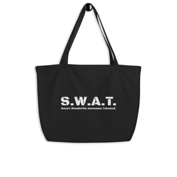 Large black organic tote bag, swat written out phonetically with smart wonderful awesome talented written out dictionary style underneath