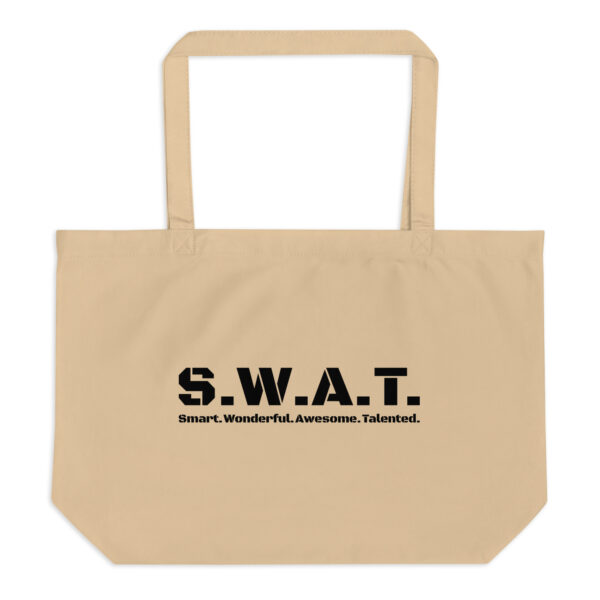 Large oyster organic tote bag, swat written out phonetically with smart wonderful awesome talented written out dictionary style underneath