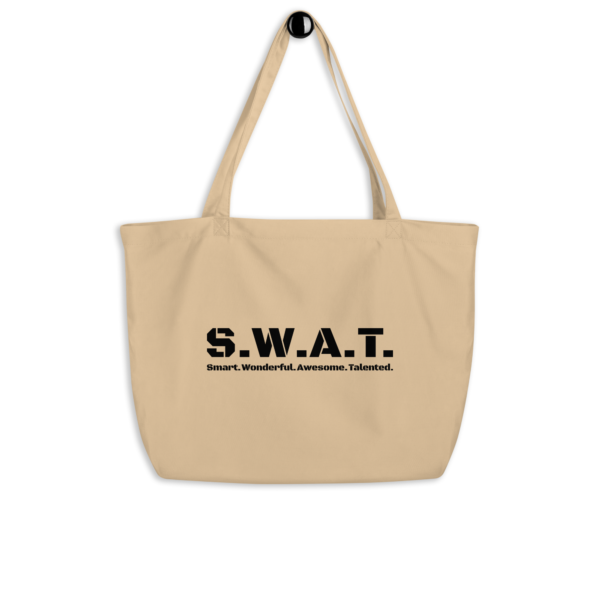 Large oyster organic tote bag, swat written out phonetically with smart wonderful awesome talented written out dictionary style underneath