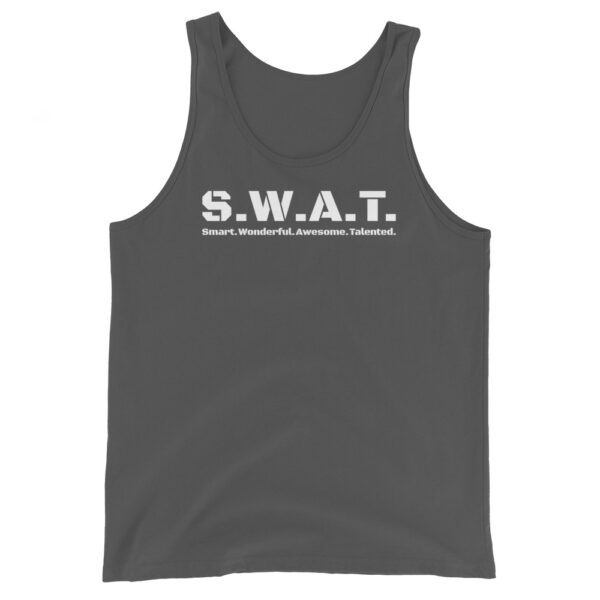 Unisex asphalt tank top, white text on one side says swat written out phonetically with smart wonderful awesome talented written out dictionary style underneath