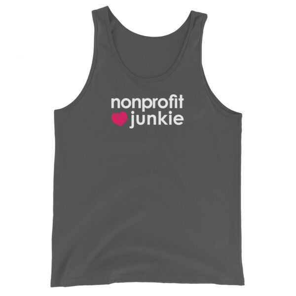 Unisex asphalt tank top, white text on one side says nonprofit junkie in regular arial like font next to a pink heart