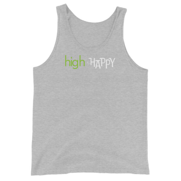 Unisex athletic heather tank top, green and white text on one side says high + happy in regular arial like font