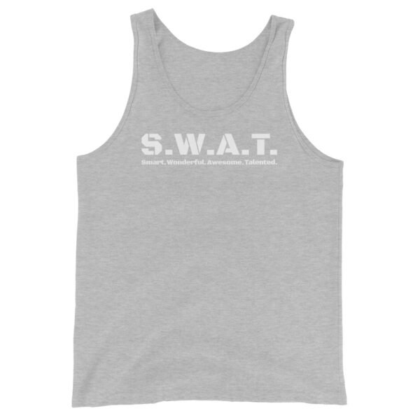 Unisex athletic heather tank top, white text on one side says swat written out phonetically with smart wonderful awesome talented written out dictionary style underneath