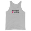 Unisex athletic heather tank top, black text on one side says nonprofit junkie in regular arial like font next to a pink heart