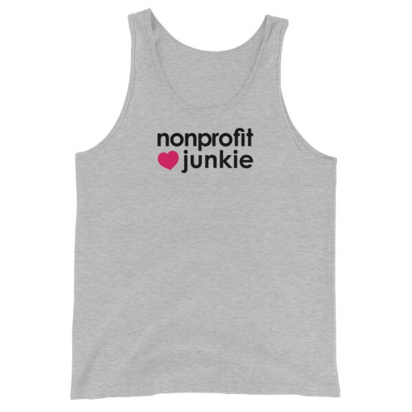 Unisex athletic heather tank top, black text on one side says nonprofit junkie in regular arial like font next to a pink heart