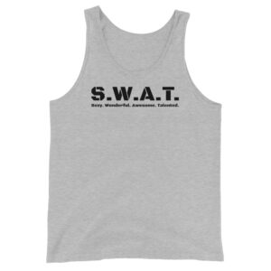 Unisex athletic heather tank top, black text on one side says swat written out phonetically with sexy wonderful awesome talented written out dictionary style underneath