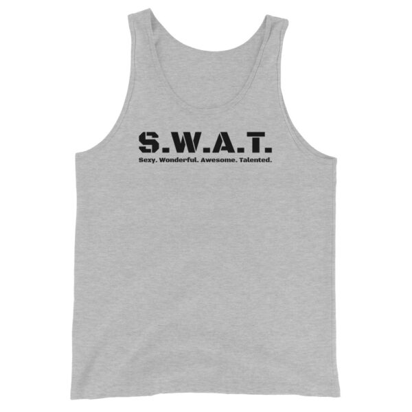 Unisex athletic heather tank top, black text on one side says swat written out phonetically with sexy wonderful awesome talented written out dictionary style underneath