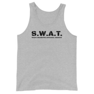 Unisex athletic heather tank top, black text on one side says swat written out phonetically with smart wonderful awesome talented written out dictionary style underneath