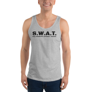 Unisex athletic heather tank top, white text on one side says swat written out phonetically with sexy wonderful awesome talented written out dictionary style underneath, on a man