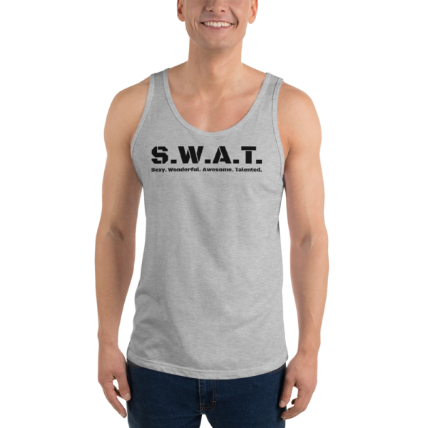 Unisex athletic heather tank top, white text on one side says swat written out phonetically with sexy wonderful awesome talented written out dictionary style underneath, on a man