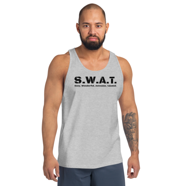 Unisex athletic heather tank top, white text on one side says swat written out phonetically with sexy wonderful awesome talented written out dictionary style underneath, on a man