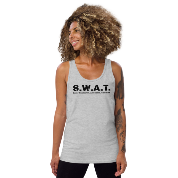 Unisex athletic heather tank top, white text on one side says swat written out phonetically with sexy wonderful awesome talented written out dictionary style underneath, on a woman