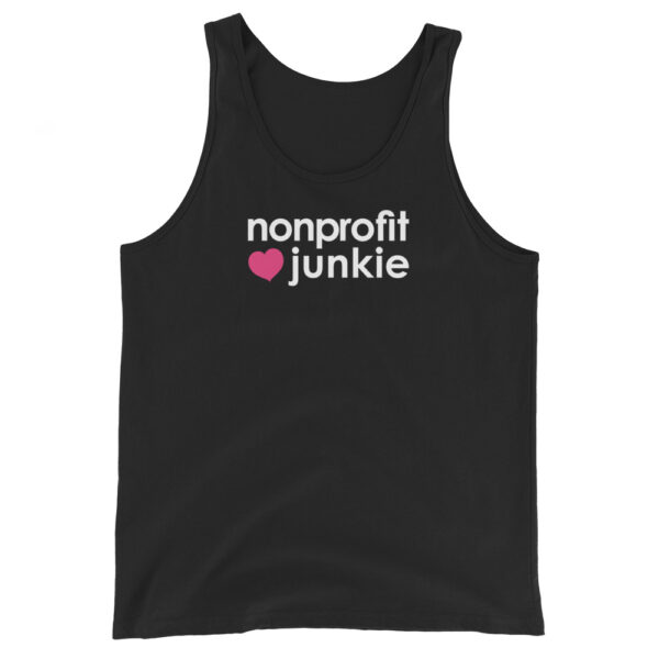 Unisex black tank top, white text on one side says nonprofit junkie in regular arial like font next to a pink heart