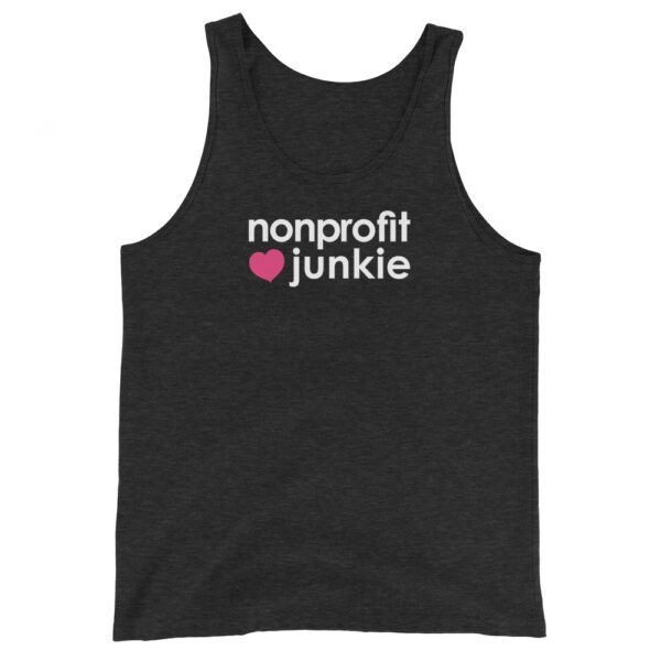 Unisex charcoal black tank top, white text on one side says nonprofit junkie in regular arial like font next to a pink heart