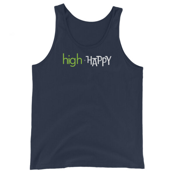 Unisex navy tank top, green and white text on one side says high + happy in regular arial like font