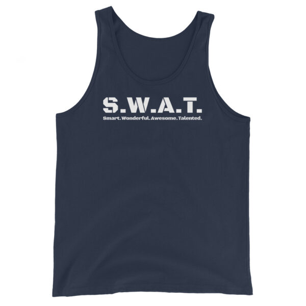 Unisex navy tank top, white text on one side says swat written out phonetically with smart wonderful awesome talented written out dictionary style underneath