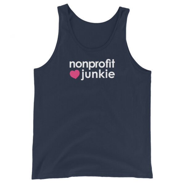 Unisex navy tank top, white text on one side says nonprofit junkie in regular arial like font next to a pink heart