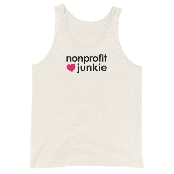 Unisex oatmeal tank top, black text on one side says nonprofit junkie in regular arial like font next to a pink heart