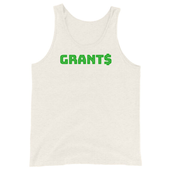 Mens oyster tank top, green text on one side says grants with a dollar sign as the s