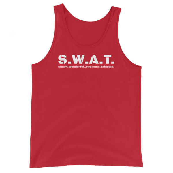 Unisex red tank top, white text on one side says swat written out phonetically with smart wonderful awesome talented written out dictionary style underneath