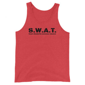 Unisex red tank top, black text on one side says swat written out phonetically with smart wonderful awesome talented written out dictionary style underneath