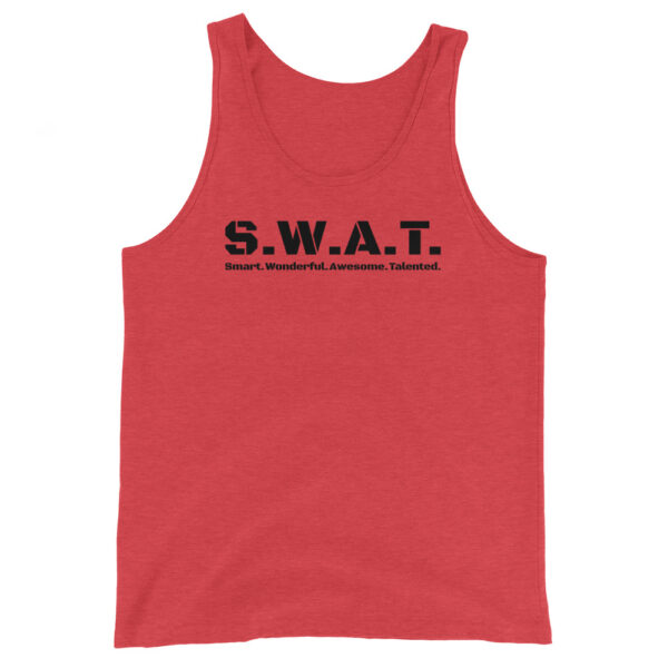 Unisex red tank top, black text on one side says swat written out phonetically with smart wonderful awesome talented written out dictionary style underneath