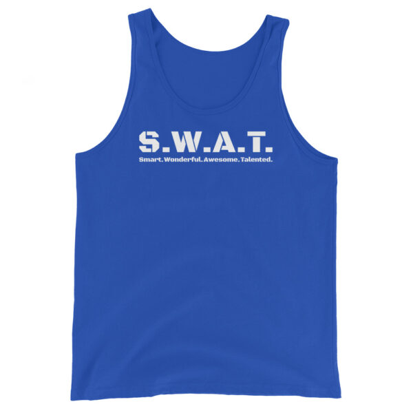 Unisex royal blue tank top, white text on one side says swat written out phonetically with smart wonderful awesome talented written out dictionary style underneath