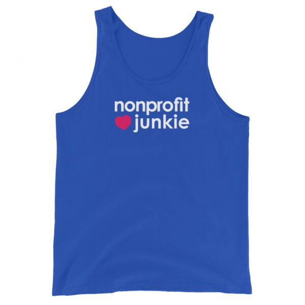 Unisex royal blue tank top, white text on one side says nonprofit junkie in regular arial like font next to a pink heart