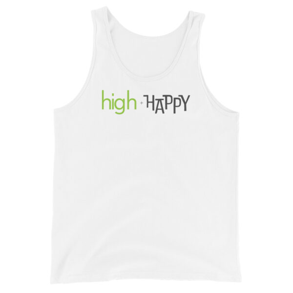 Unisex white tank top, green and black text on one side says high + happy in regular arial like font