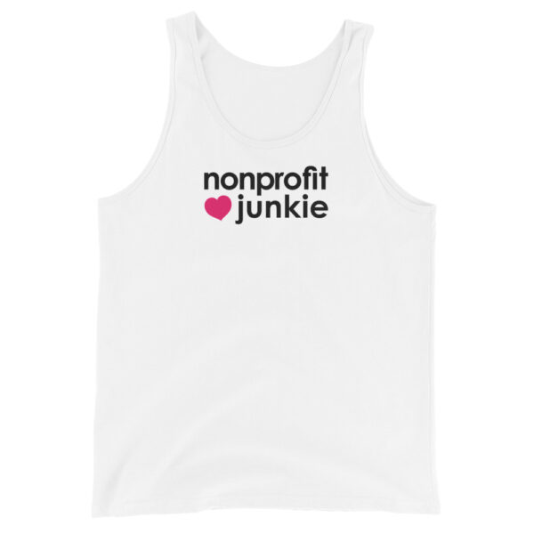 Unisex white tank top, black text on one side says nonprofit junkie in regular arial like font next to a pink heart