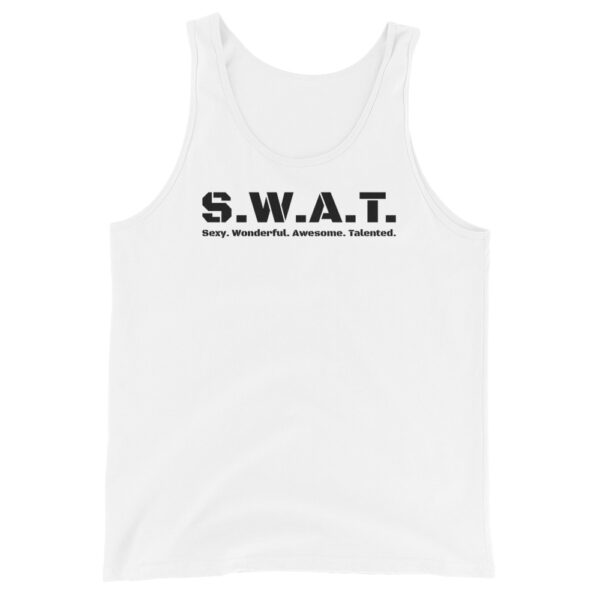 Unisex white tank top, black text on one side says swat written out phonetically with sexy wonderful awesome talented written out dictionary style underneath