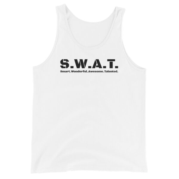 Unisex white tank top, black text on one side says swat written out phonetically with smart wonderful awesome talented written out dictionary style underneath