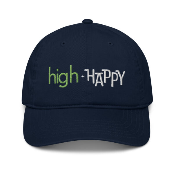 Pacific organic dad hat, green and white text on one side says high + happy in regular arial like font