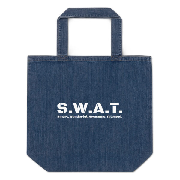 Organic denim tote bag, swat written out phonetically with smart wonderful awesome talented written out dictionary style underneath