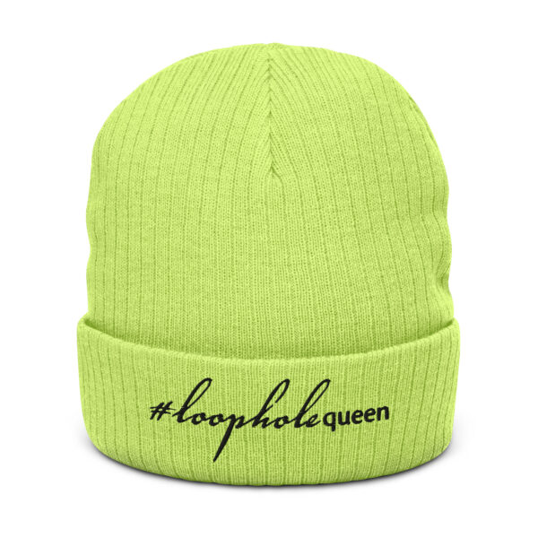 Acid green ribbed knit beanie, black text on one side says hashtag loophole queen written in italic cursive like font