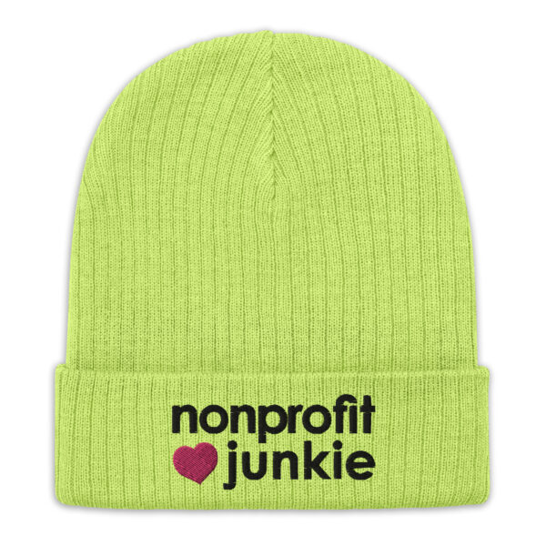 Acid green ribbed knit beanie, black text on one side says nonprofit junkie in regular arial like font next to a pink heart