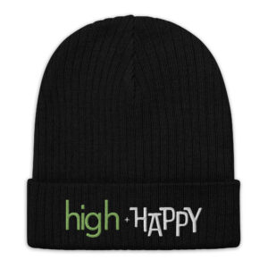 Black ribbed knit beanie, green and white text on one side says high + happy in regular arial like font