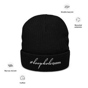 Black ribbed knit beanie, white text on one side says hashtag loophole queen written in italic cursive like font