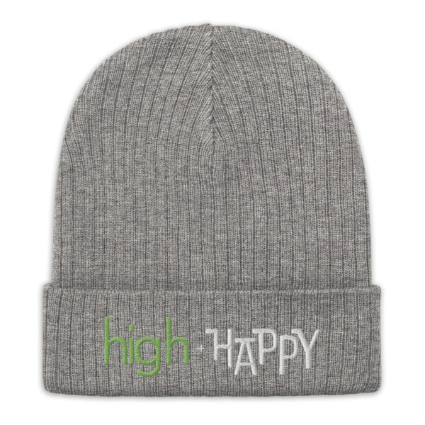 Light grey ribbed knit beanie, green and white text on one side says high + happy in regular arial like font