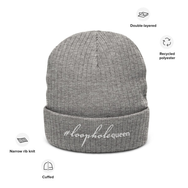 Light grey ribbed knit beanie, white text on one side says hashtag loophole queen written in italic cursive like font