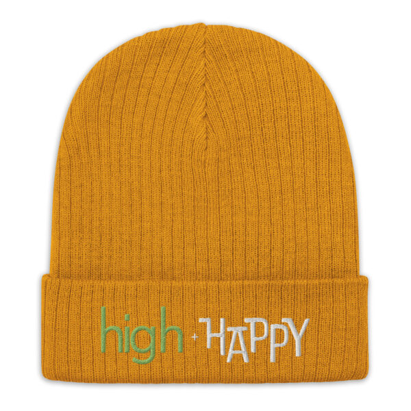 Mustard ribbed knit beanie, green and white text on one side says high + happy in regular arial like font