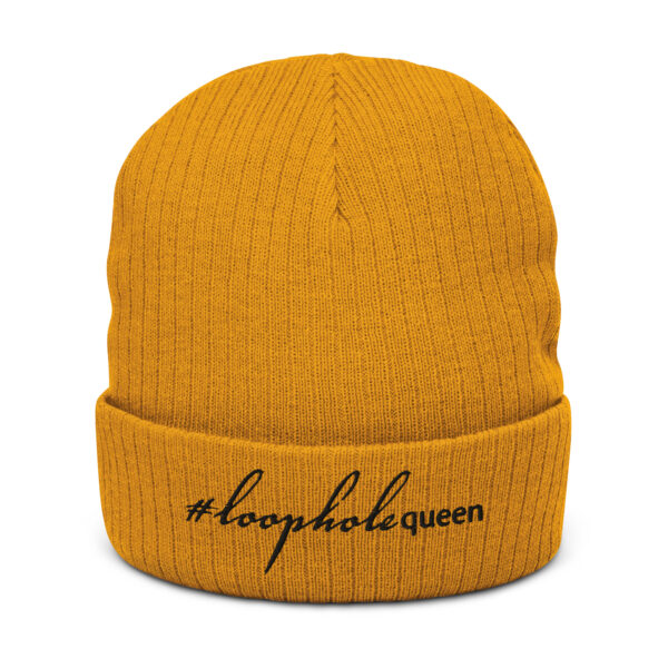 Mustard ribbed knit beanie, black text on one side says hashtag loophole queen written in italic cursive like font