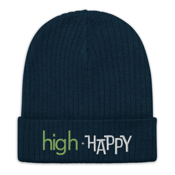 Navy ribbed knit beanie, green and white text on one side says high + happy in regular arial like font