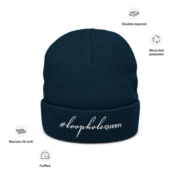 Navy ribbed knit beanie, white text on one side says hashtag loophole queen written in italic cursive like font