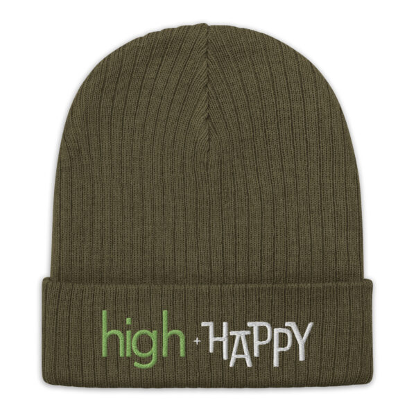 Olive ribbed knit beanie, green and white text on one side says high + happy in regular arial like font