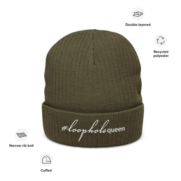 Olive ribbed knit beanie, white text on one side says hashtag loophole queen written in italic cursive like font