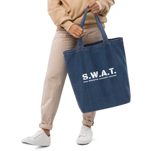 Organic denim tote bag, swat written out phonetically with sexy wonderful awesome talented written out dictionary style underneath