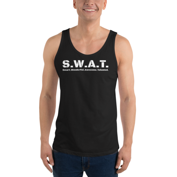 Unisex black tank top, white text on one side says swat written out phonetically with smart wonderful awesome talented written out dictionary style underneath, on a man