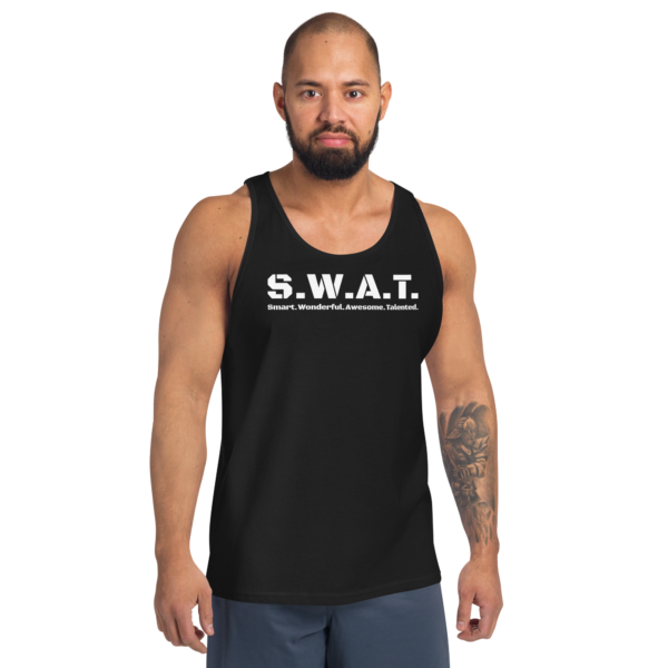 Unisex black tank top, white text on one side says swat written out phonetically with smart wonderful awesome talented written out dictionary style underneath, on a man