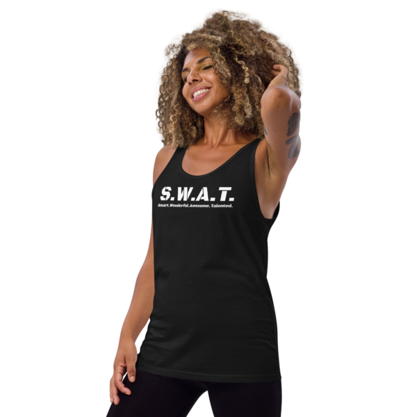 Unisex black tank top, white text on one side says swat written out phonetically with smart wonderful awesome talented written out dictionary style underneath, on a woman